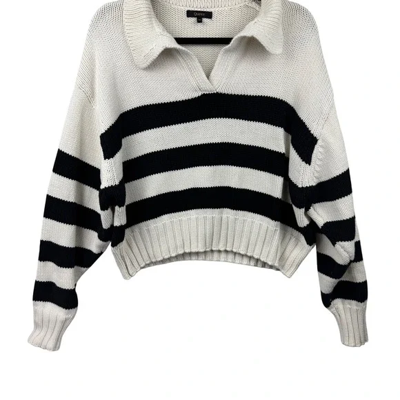 Quince Cropped Polo Sweater Womens Medium Ivory Black Striped Cotton Preppy - Picture 6 of 12